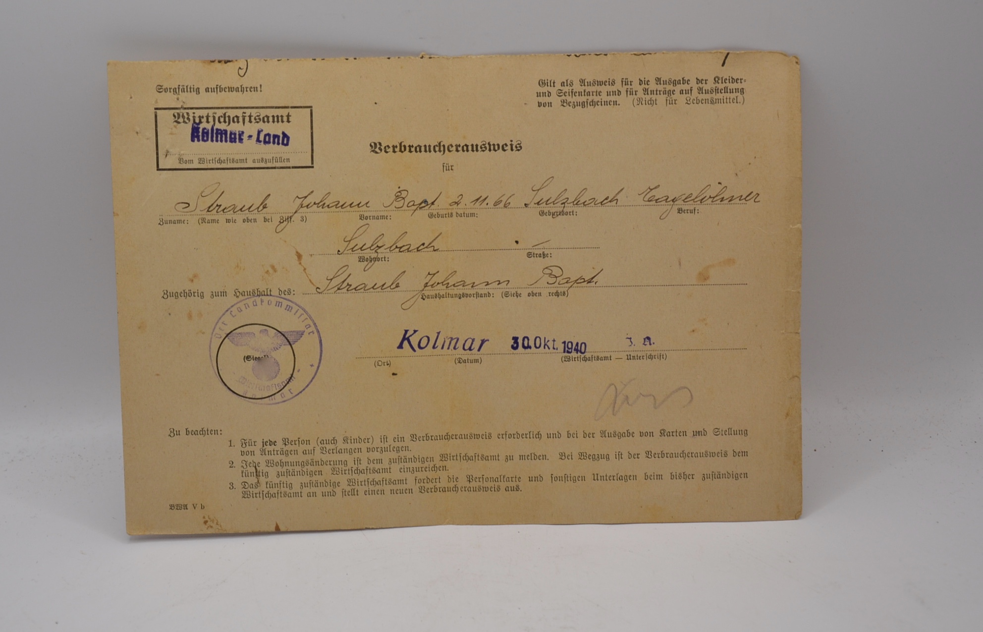 militaria : DOCUMENT ALLEMAND BERBRAUCHERAUSWEISS COLMAR 30/10/1940 JOHAN