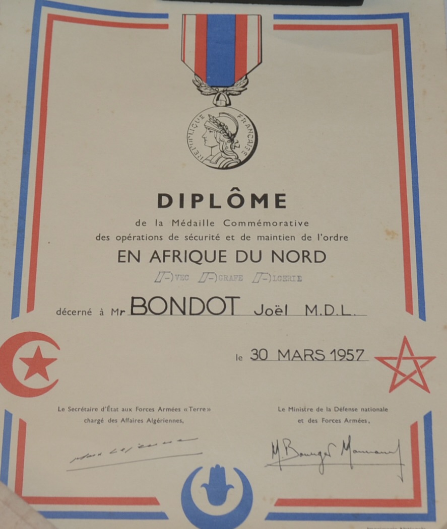militaria : DIPLOME MÉDAILLE AFRIQUE DU NORD 1957