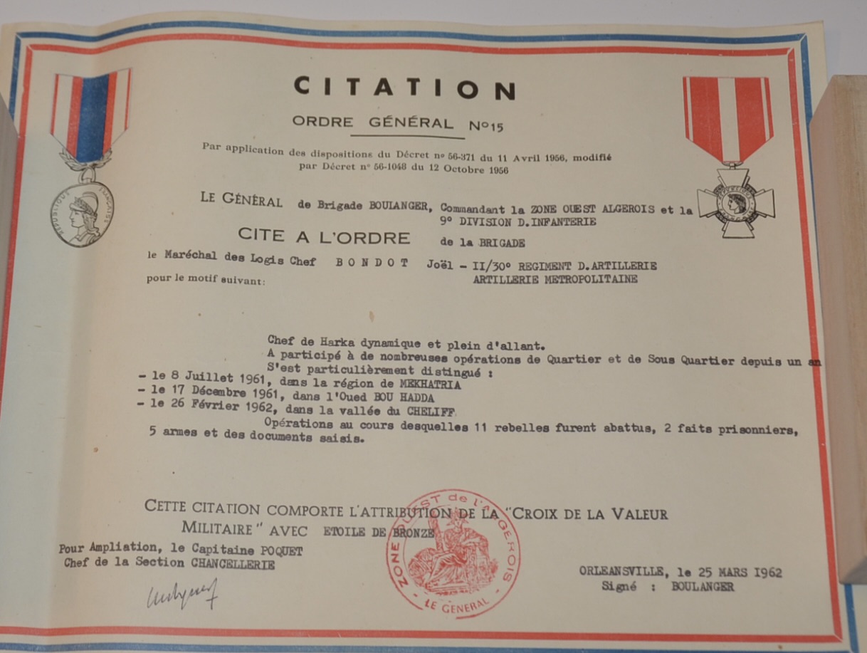 militaria : CITATION POUR FAIT MILITAIRE DE GUERRE ALGÉRIE