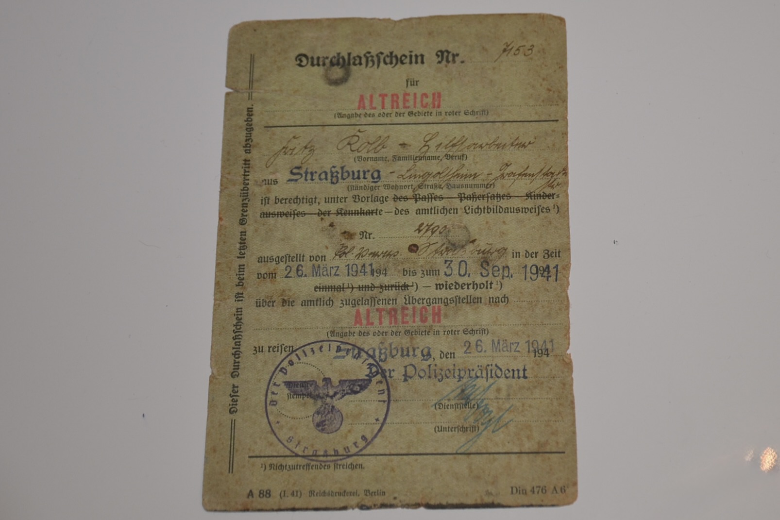 militaria : LAISSEZ PASSER ALSACIEN DE STRASBURG 1941