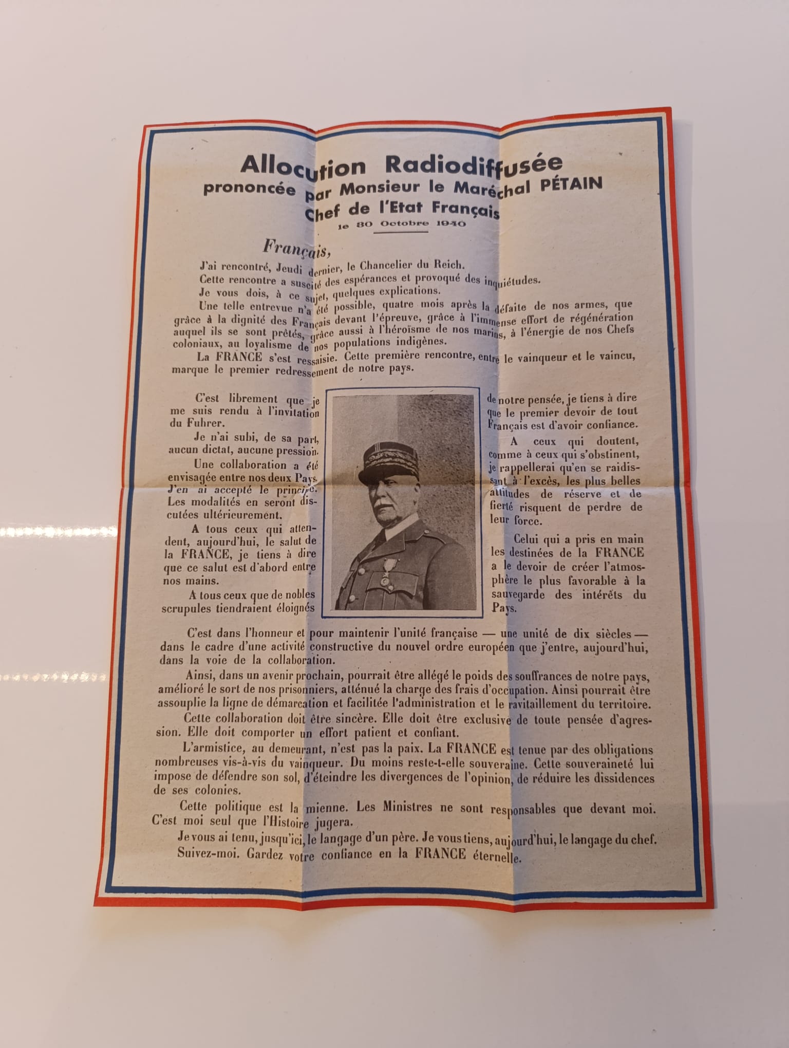 militaria : AFFICHE ALLOCUTION RADIODIFFUSÉE PAR LE MARÉCHAL 1940